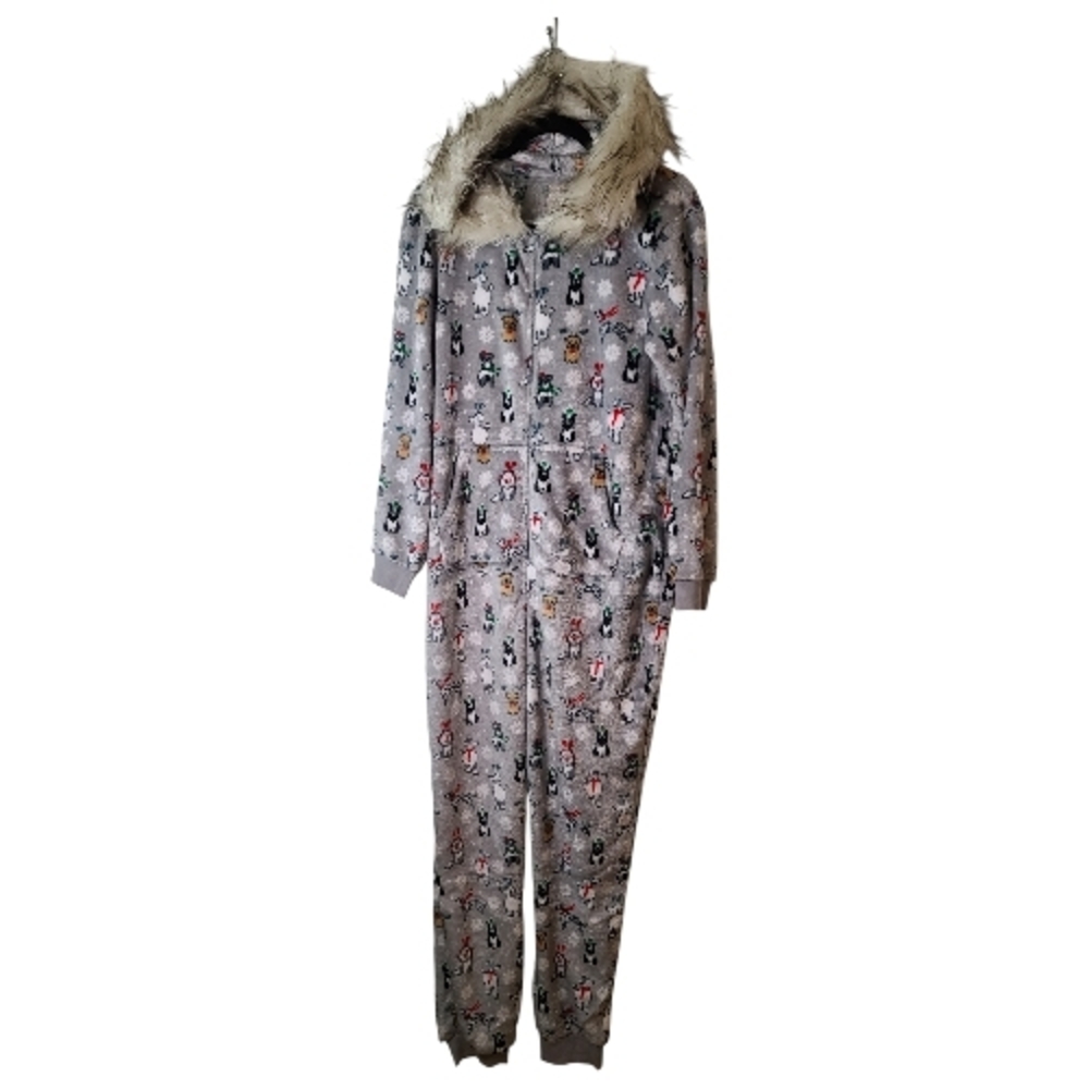 Holiday Onesie Dog Print Fur Hooded Adult Lg 12/14